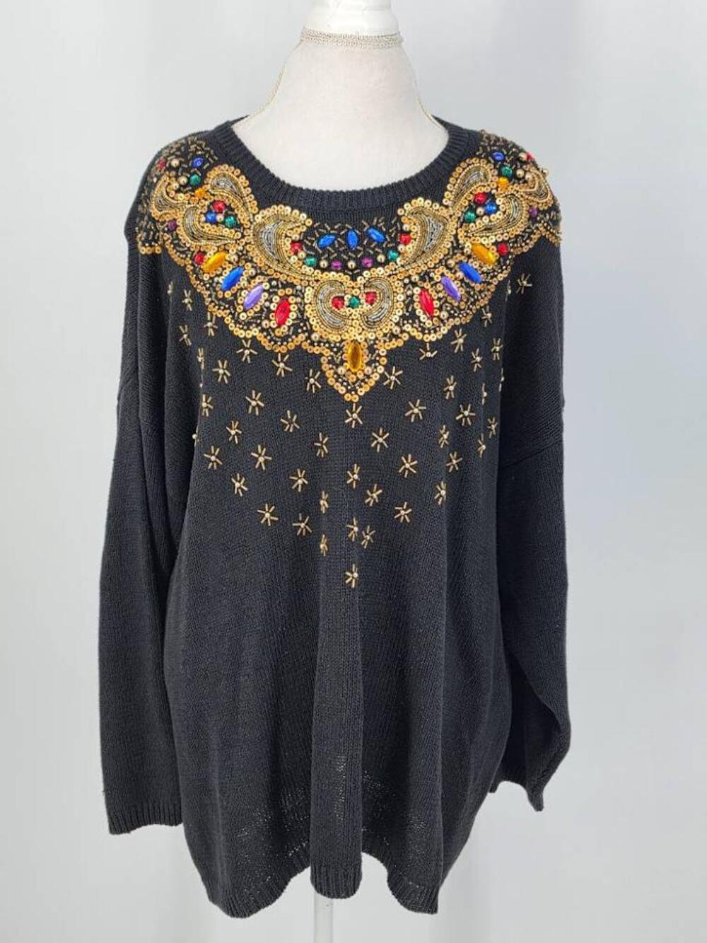 Vintage Victoria Woman 3X Beaded Sweater Black Jewel Sequin Grannycore 90s
